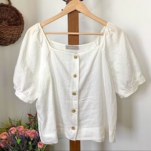 Everlane Linen The Puff Sleeve Button Front Crop Top Off White Short Sleeve sz 8